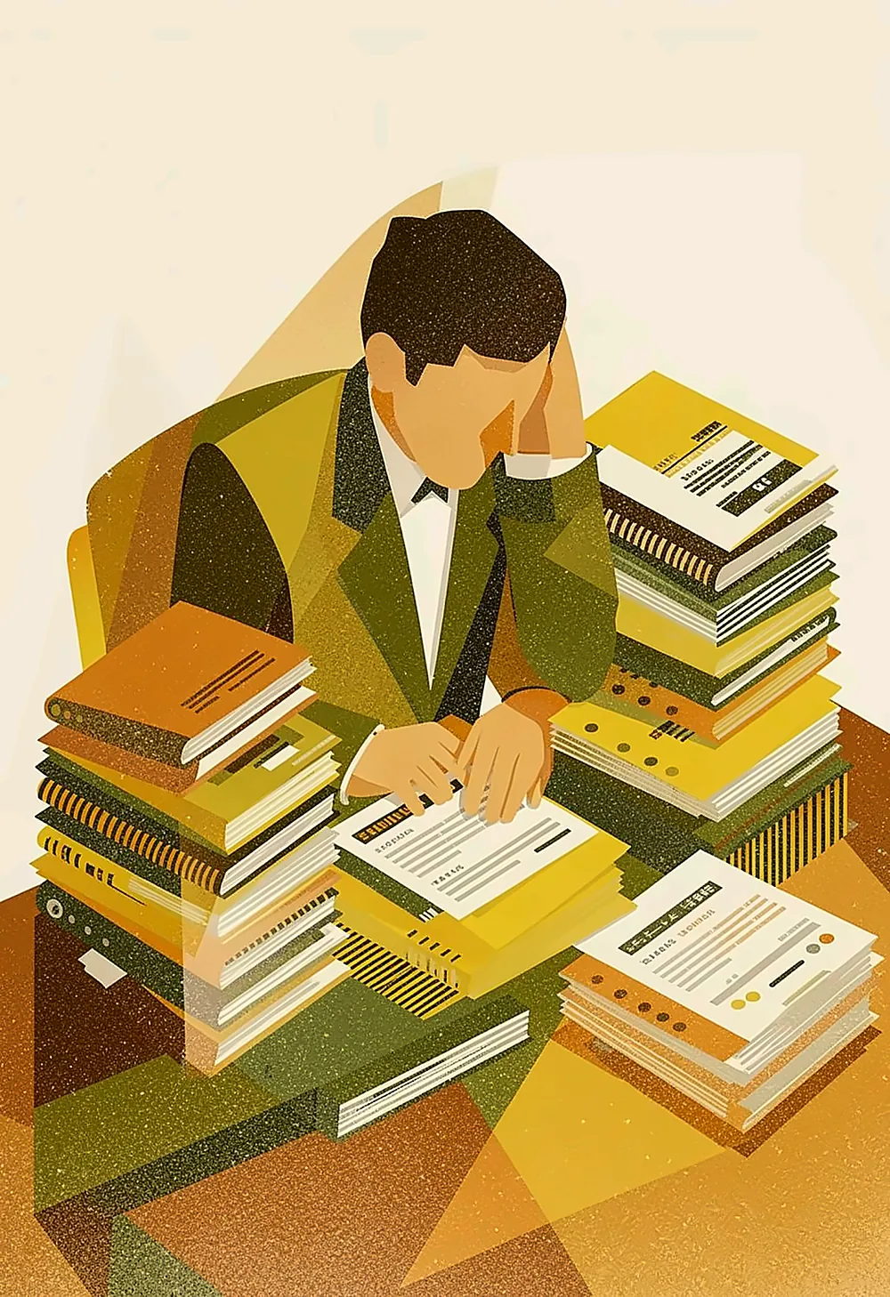Illustration of an overwhelmed recruiter at a desk buried under tall stacks of resumes and profiles